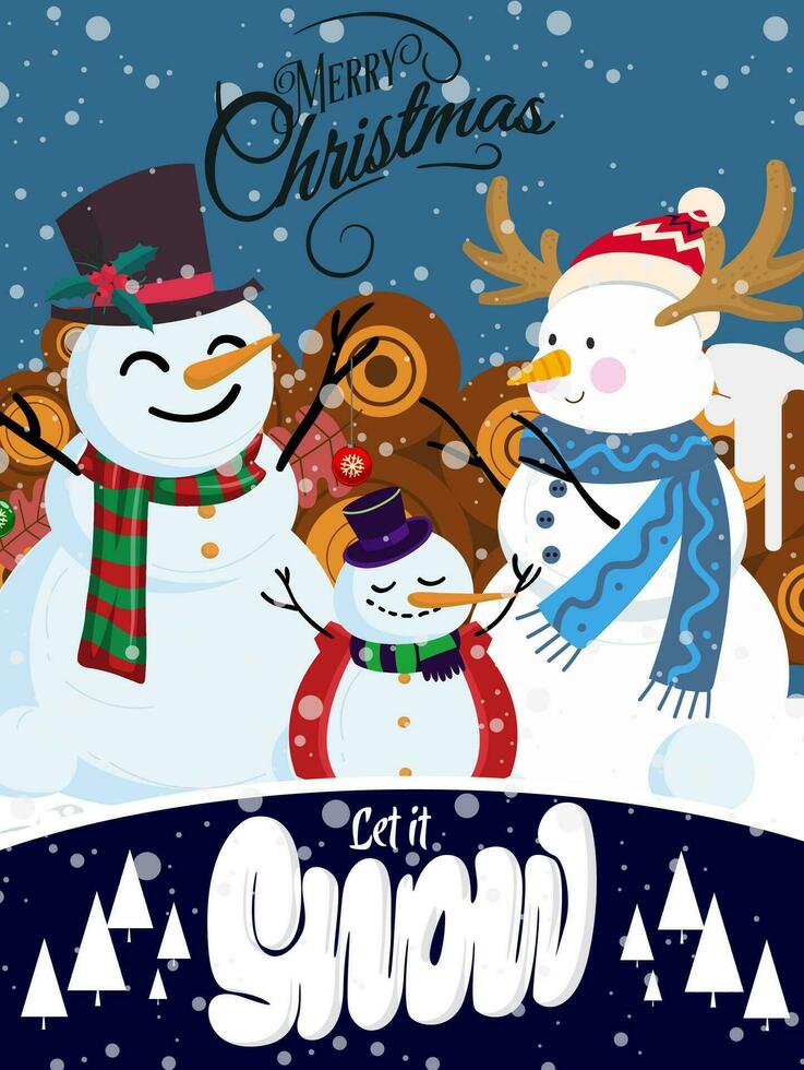 Noël carte, mignonne famille bonhomme de neige célébrer Noël et hiver saison avec Chutes de neige sur bleu Contexte vecteur