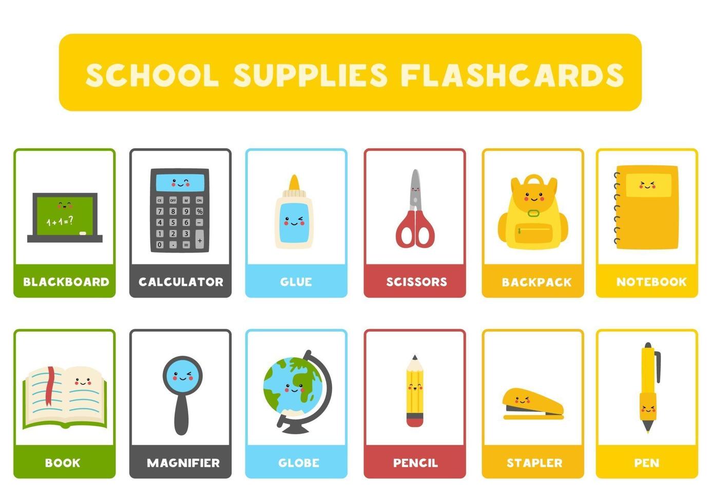 fournitures scolaires mignonnes avec des noms. cartes flash pour les enfants. vecteur