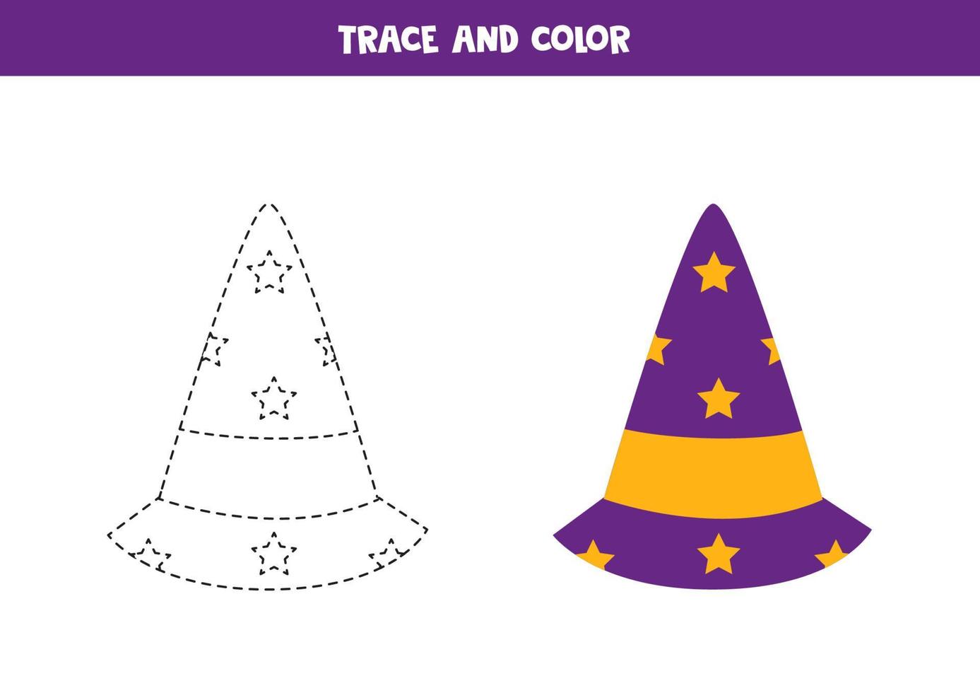 trace et couleur chapeau d'halloween. feuille de travail pour les enfants. vecteur