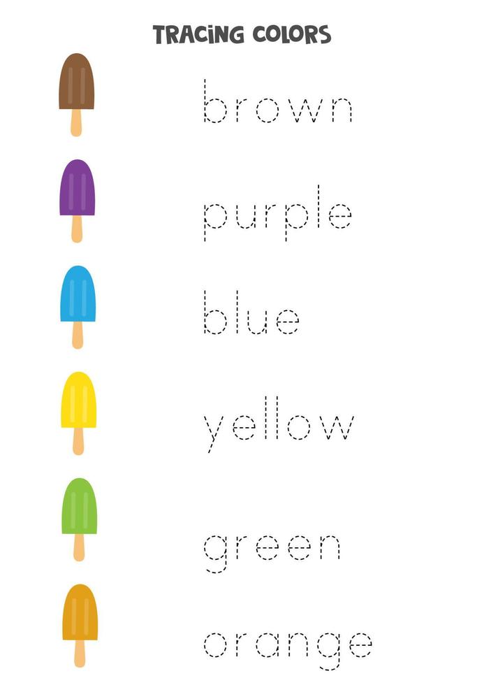 tracer des lettres. tracer les noms des couleurs de base. pratique de l'écriture. vecteur
