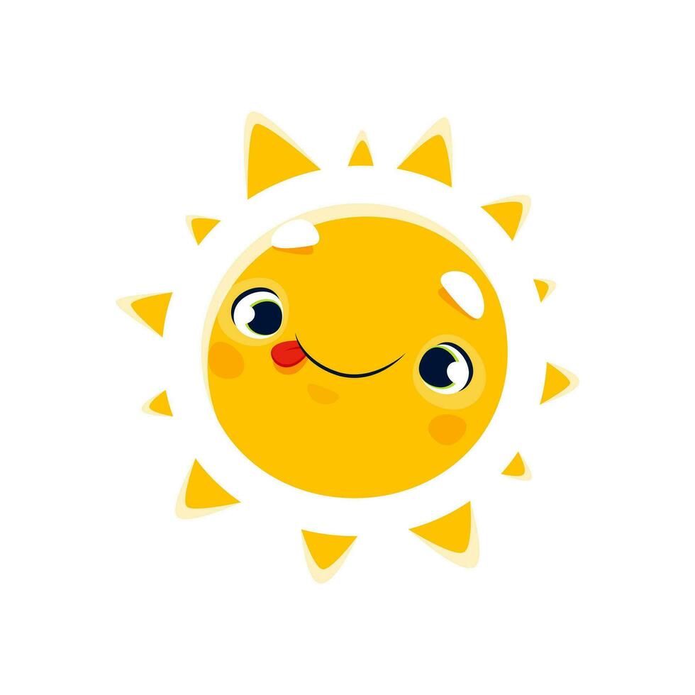 dessin animé mignonne Soleil personnage, emoji visage avec langue vecteur