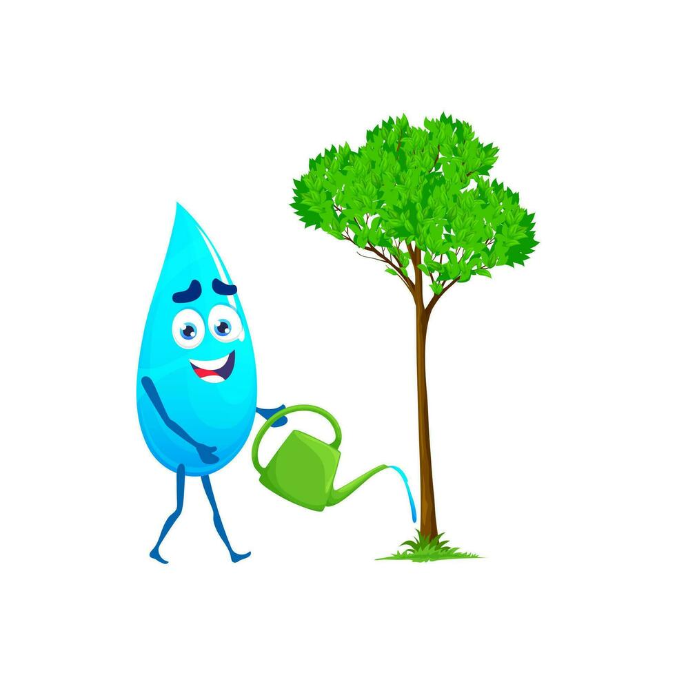 dessin animé content l'eau laissez tomber personnage arrosage arbre vecteur