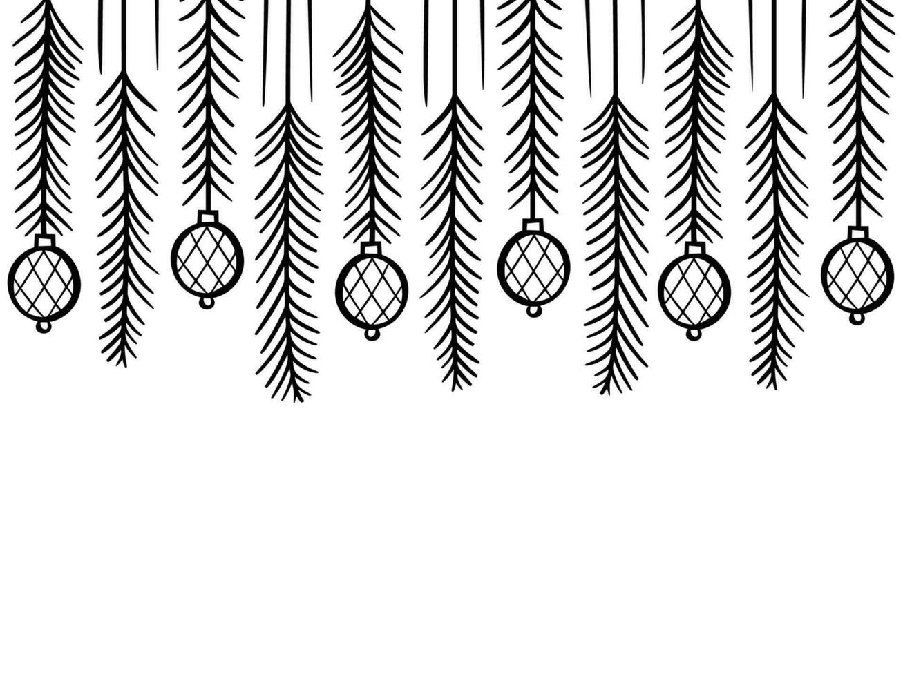 Noël modèle avec sapin branches et jouets. esquissé vacances guirlandes et décorations isolé sur blanc Contexte. main tiré vecteur illustration