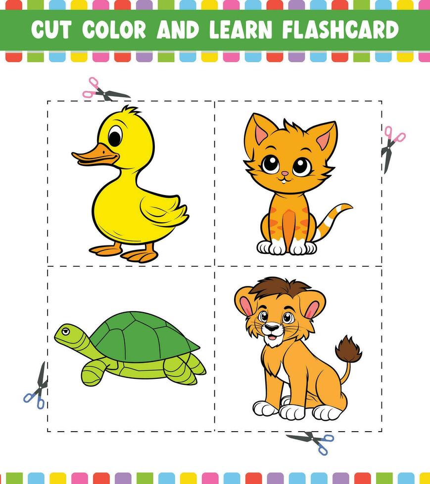 Couper Couleur et apprendre carte flash activité coloration livre pour des gamins avec mignonne dessin animé personnage vecteur