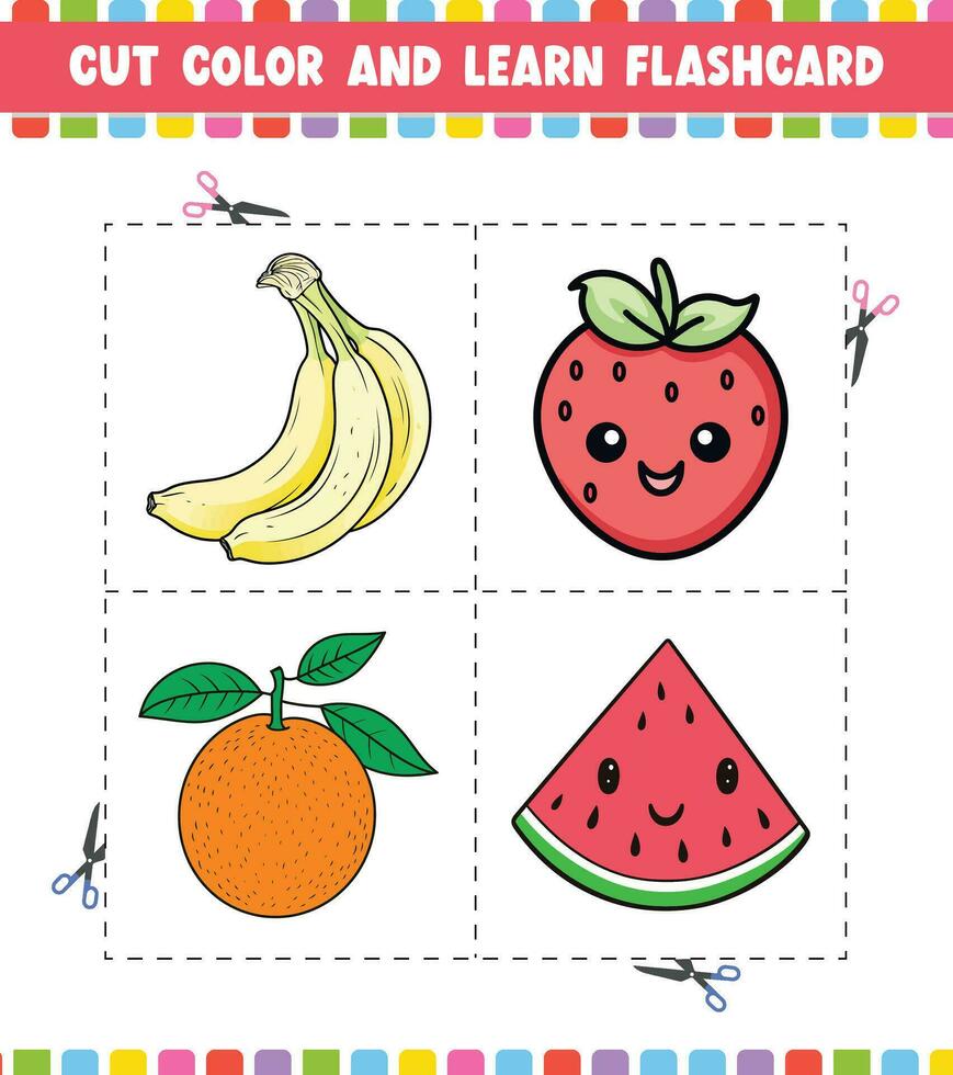 Couper Couleur et apprendre carte flash activité coloration livre pour des gamins avec mignonne dessin animé fruit vecteur