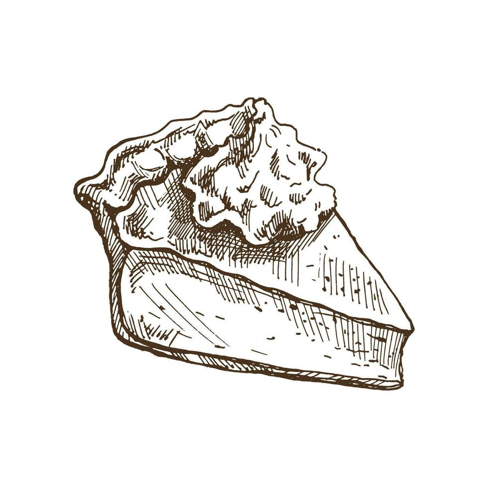 dessiné à la main esquisser de pièce de traditionnel citrouille tarte avec crème Garniture. vecteur illustration de pâtisserie. fait maison boulangerie dessin. dessert nourriture pour recettes, restaurant. nourriture pour action de grâces, Noël