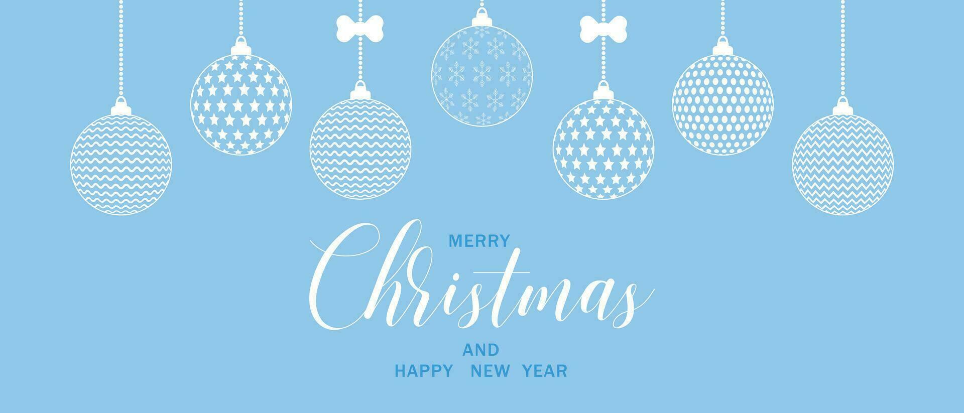 joyeux Noël et content Nouveau année salutations sur une bleu Contexte avec Nouveau années des balles. vecteur