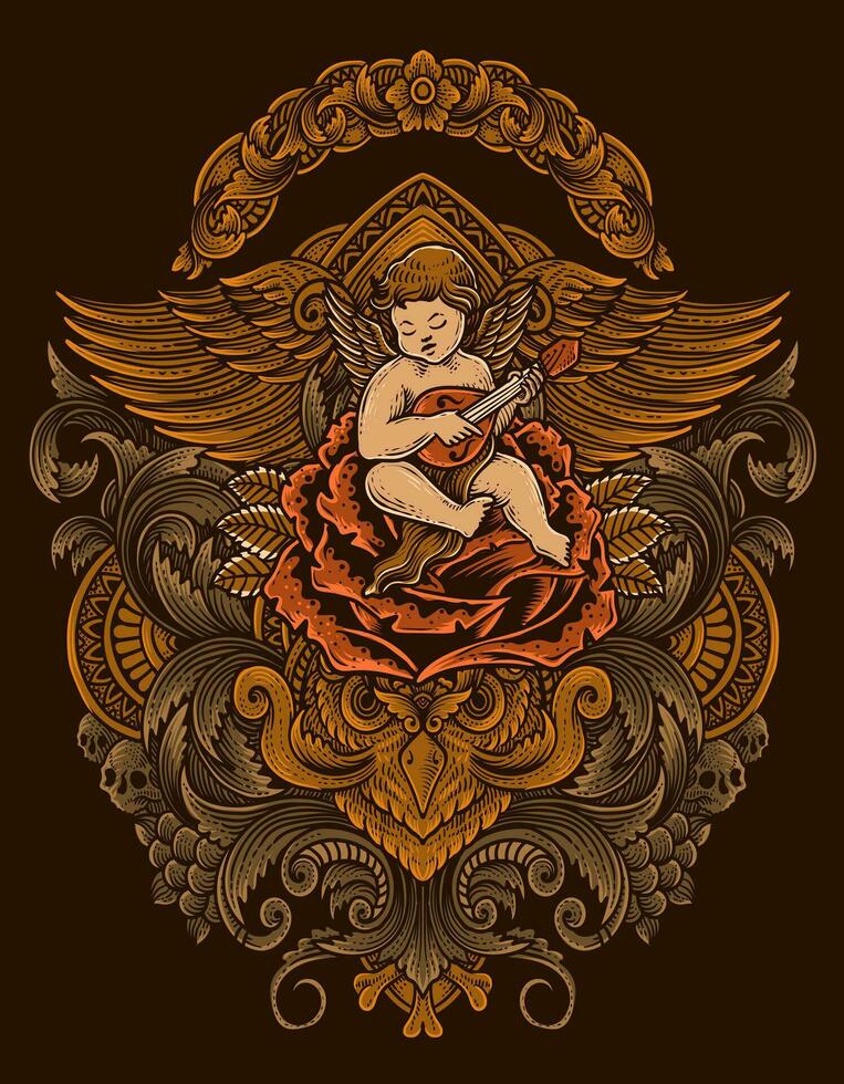 illustration vecteur Cupidon ange en jouant guitare séance sur Rose avec gravure ornement