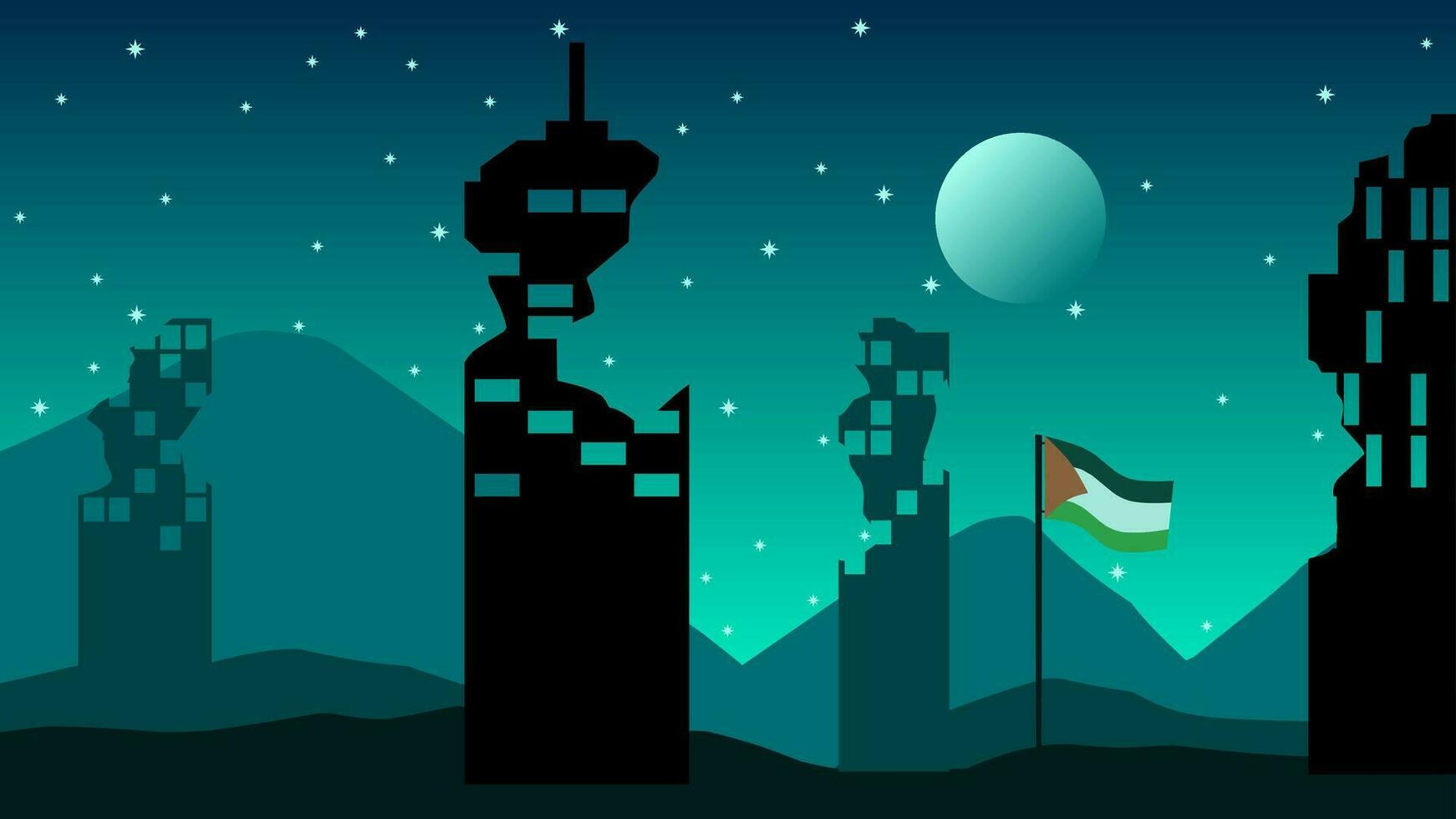 Palestine paysage vecteur illustration. silhouette de détruit ville à nuit avec Palestine drapeau. paysage illustration de Palestine pour Contexte ou fond d'écran