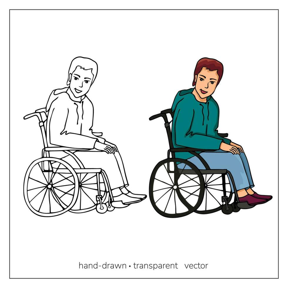 une Jeune homme avec handicapées. content gars dans une fauteuil roulant. désactivée personne. vecteur illustration dans dessin animé style.