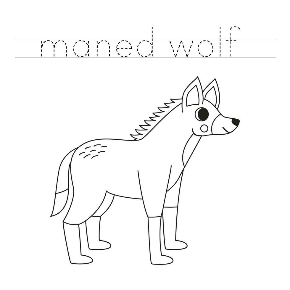 trace le des lettres et Couleur dessin animé crinière loup. écriture entraine toi pour enfants. vecteur