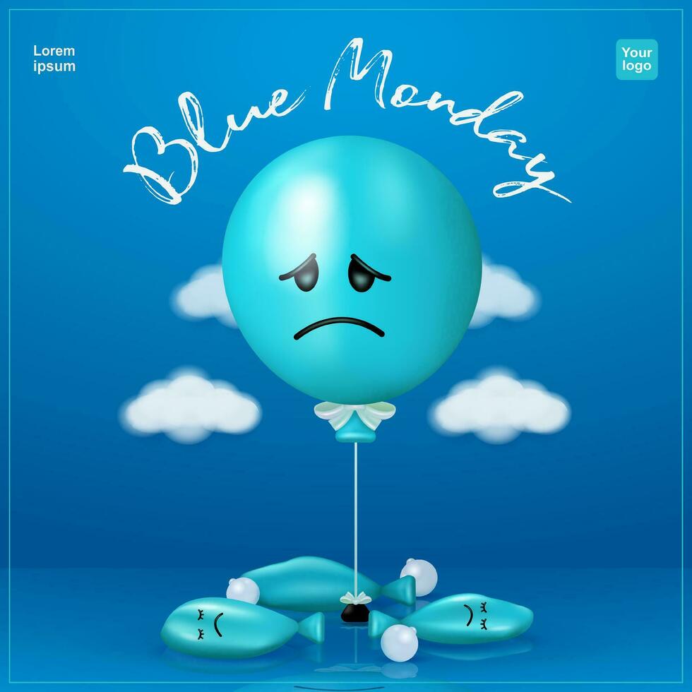 bleu lundi. une triste bleu ballon car le sien ami est dégonflé, avec des nuages autour lui. 3d vecteur, adapté pour événements et mental santé vecteur