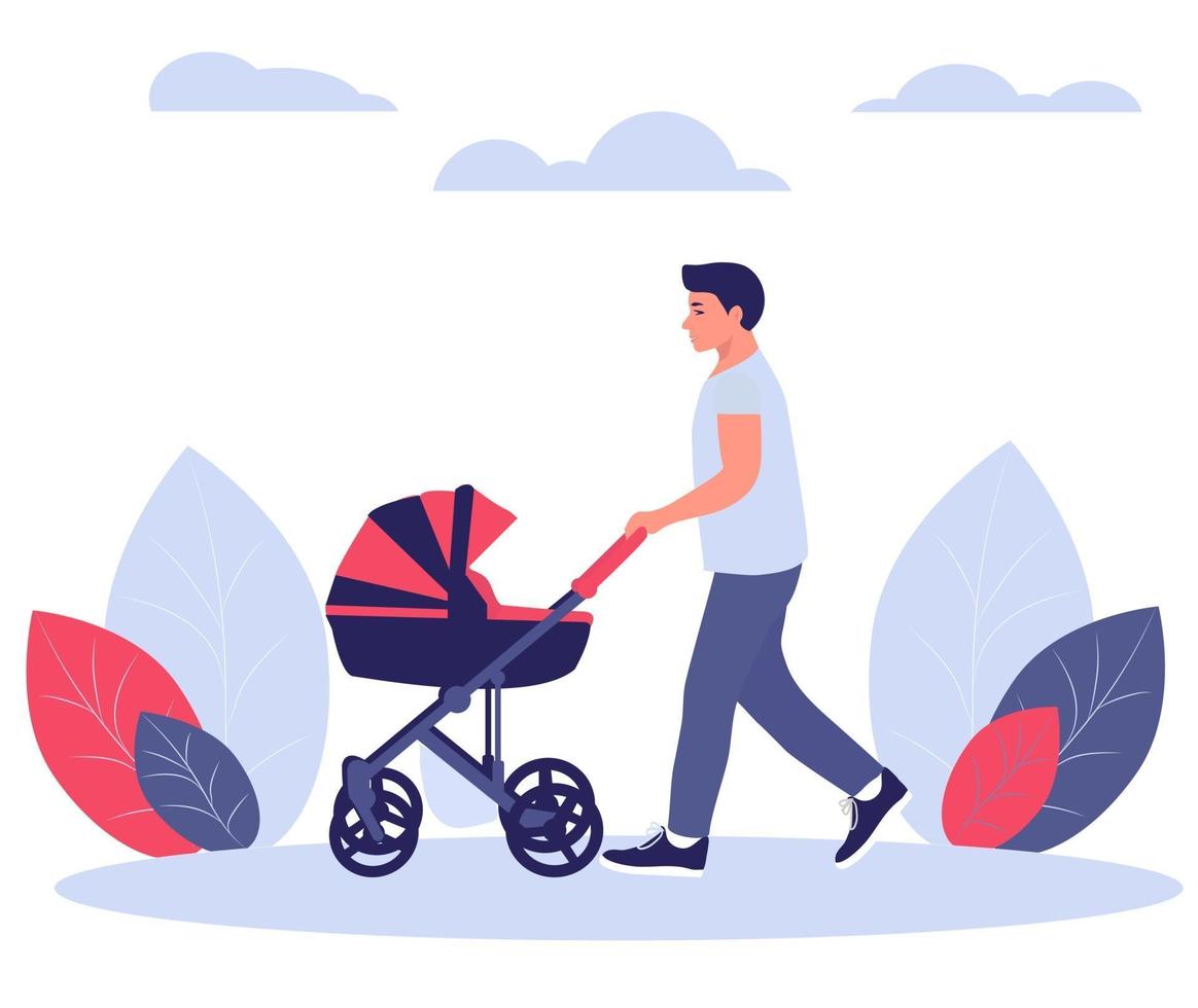 heureux jeune papa marche avec une poussette de bébé. illustration vectorielle. vecteur