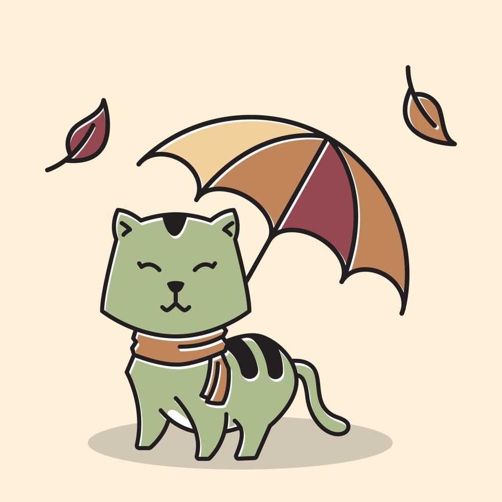 chat écharpe debout souriant parapluie automne saison d'automne dessin animé vecteur