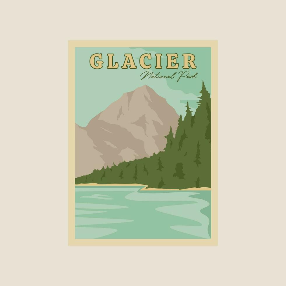 glacier nationale parc ancien affiche vecteur illustration conception, paysage vue Montagne et rivière Voyage ancien affiche conception.