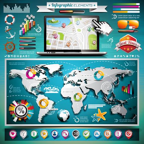 Été de vecteur voyage infographie sertie d&#39;éléments de carte et vacances du monde.