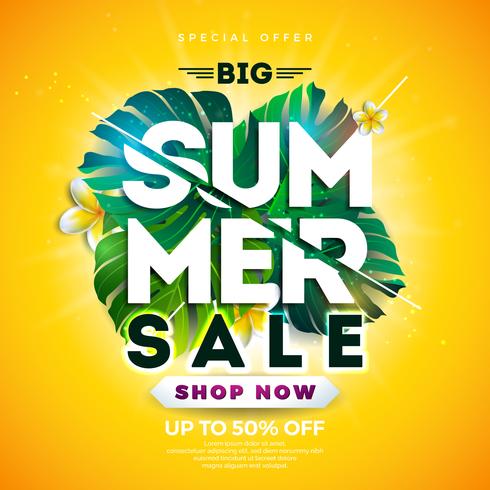 Summer Sale Design avec des fleurs et des feuilles exotiques vecteur