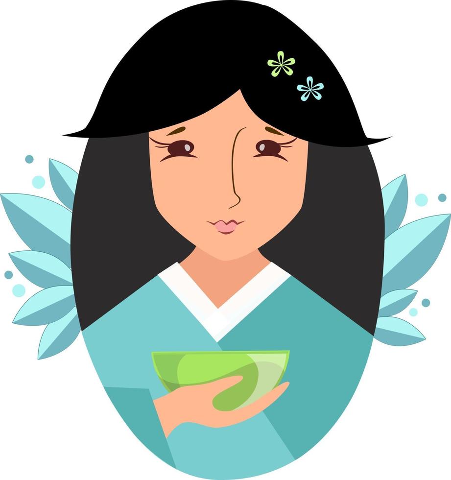 illustration vectorielle d'une fille asiatique avec une tasse de thé vert vecteur