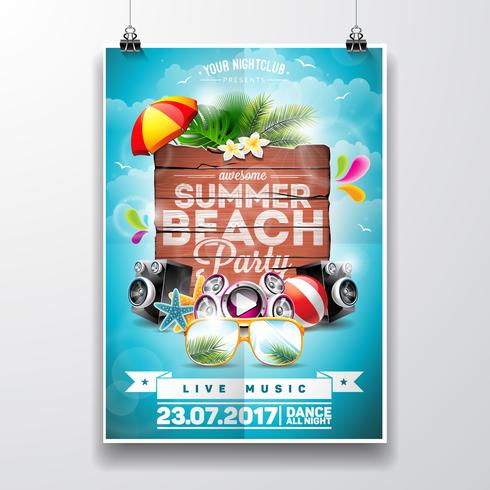 Vector Summer Beach Party Flyer Design avec des éléments typographiques