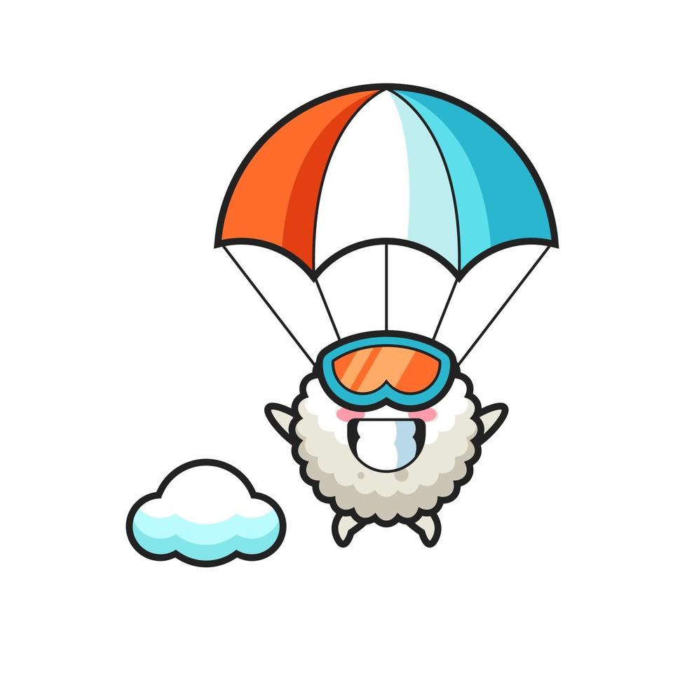 La bande dessinée de mascotte de boule de riz saute en parachute avec un geste heureux vecteur