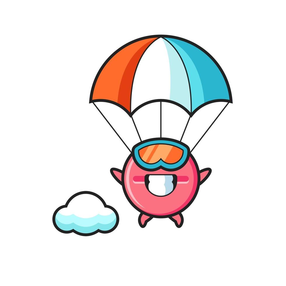 La bande dessinée de mascotte de comprimé de médecine saute en parachute avec un geste heureux vecteur