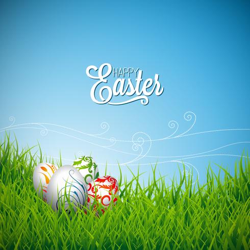 illustration de Pâques avec des oeufs peints de couleur sur fond de printemps vecteur