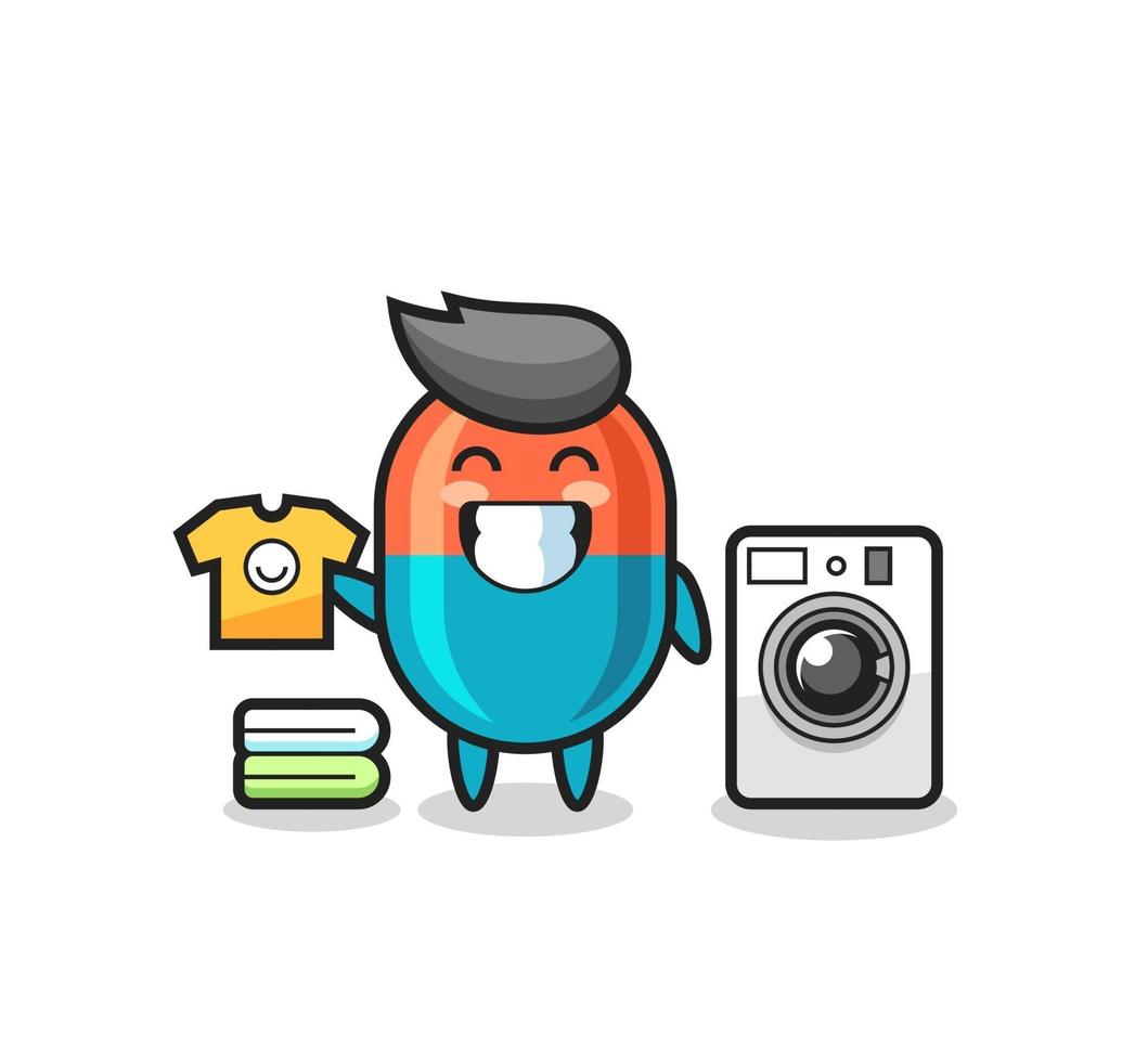 caricature de mascotte de capsule avec machine à laver vecteur