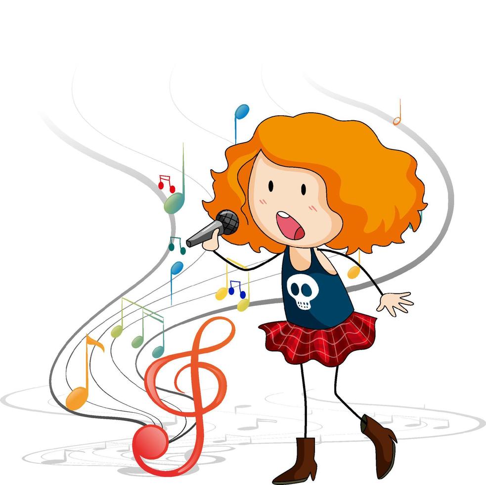 personnage de dessin animé doodle d'une chanteuse chantant avec des symboles de mélodie musicale vecteur