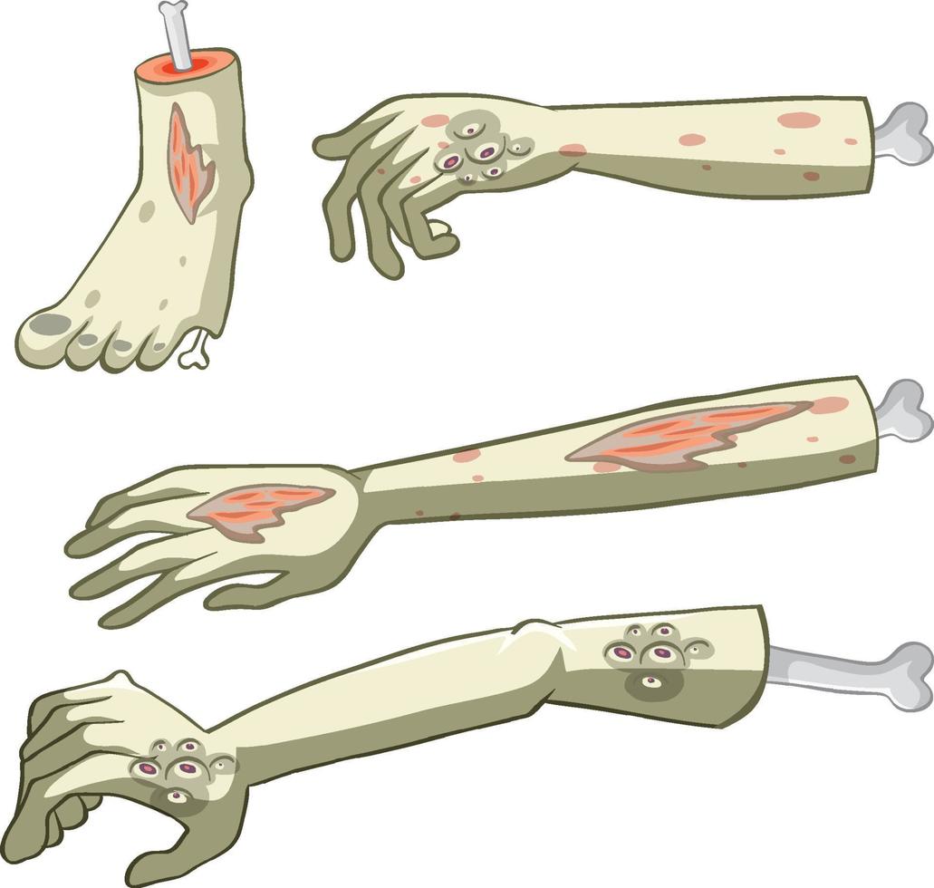 Parties du corps de zombie effrayant isolés sur fond blanc vecteur