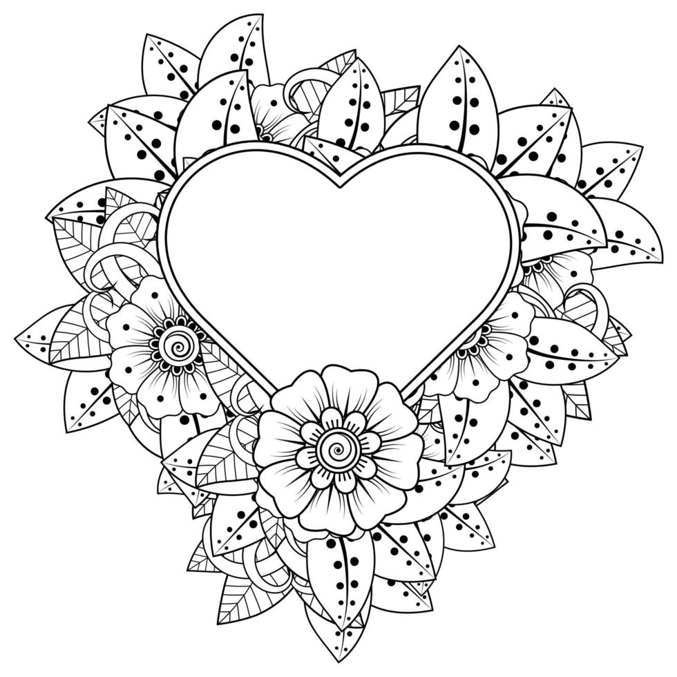 fleur de mehndi avec cadre en forme de coeur vecteur