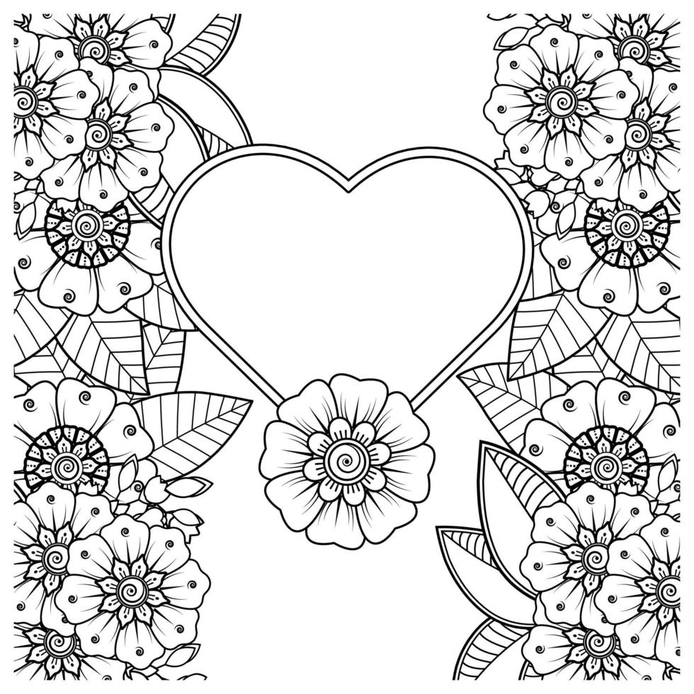 fleur de mehndi avec cadre en forme de coeur vecteur