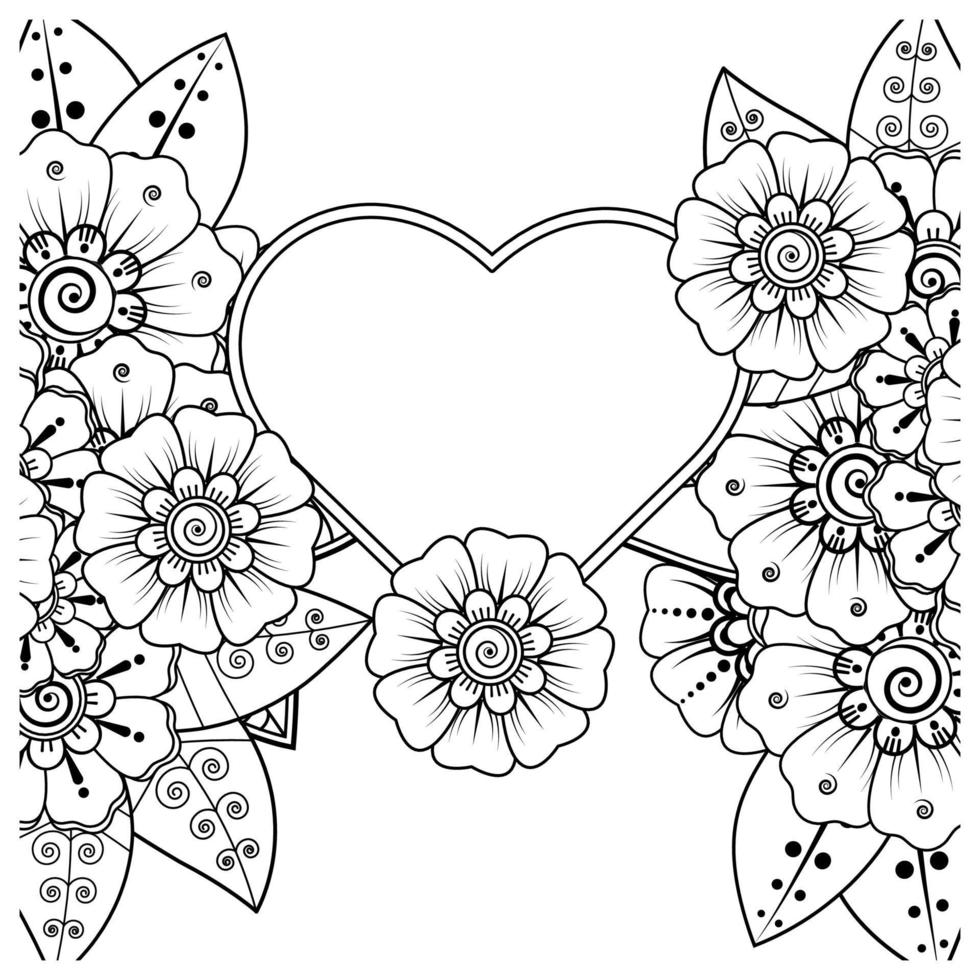 fleur de mehndi avec cadre en forme de coeur vecteur