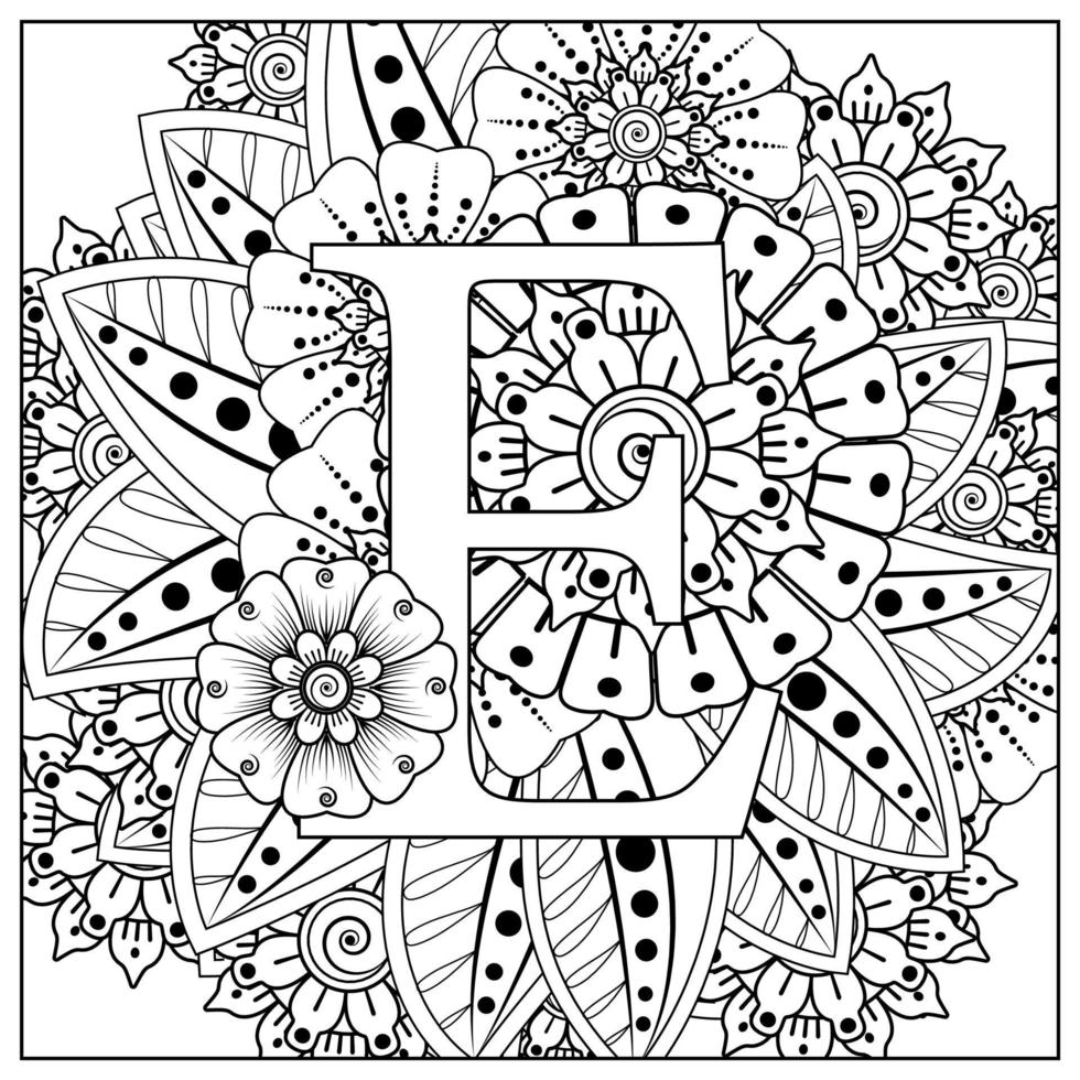 lettre e avec fleur de mehndi. ornement décoratif en oriental ethnique vecteur