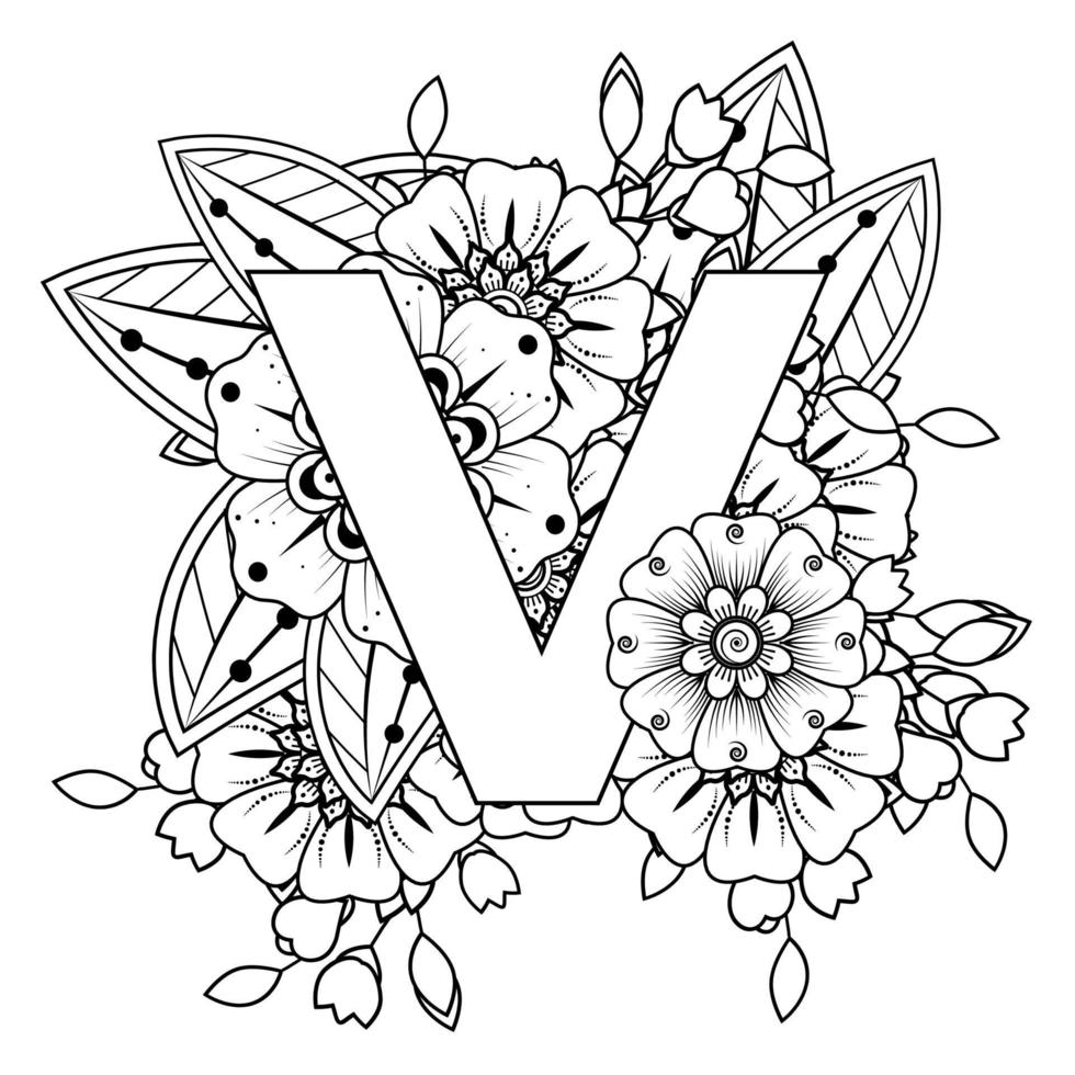 lettre v avec fleur de mehndi. ornement décoratif en oriental ethnique vecteur