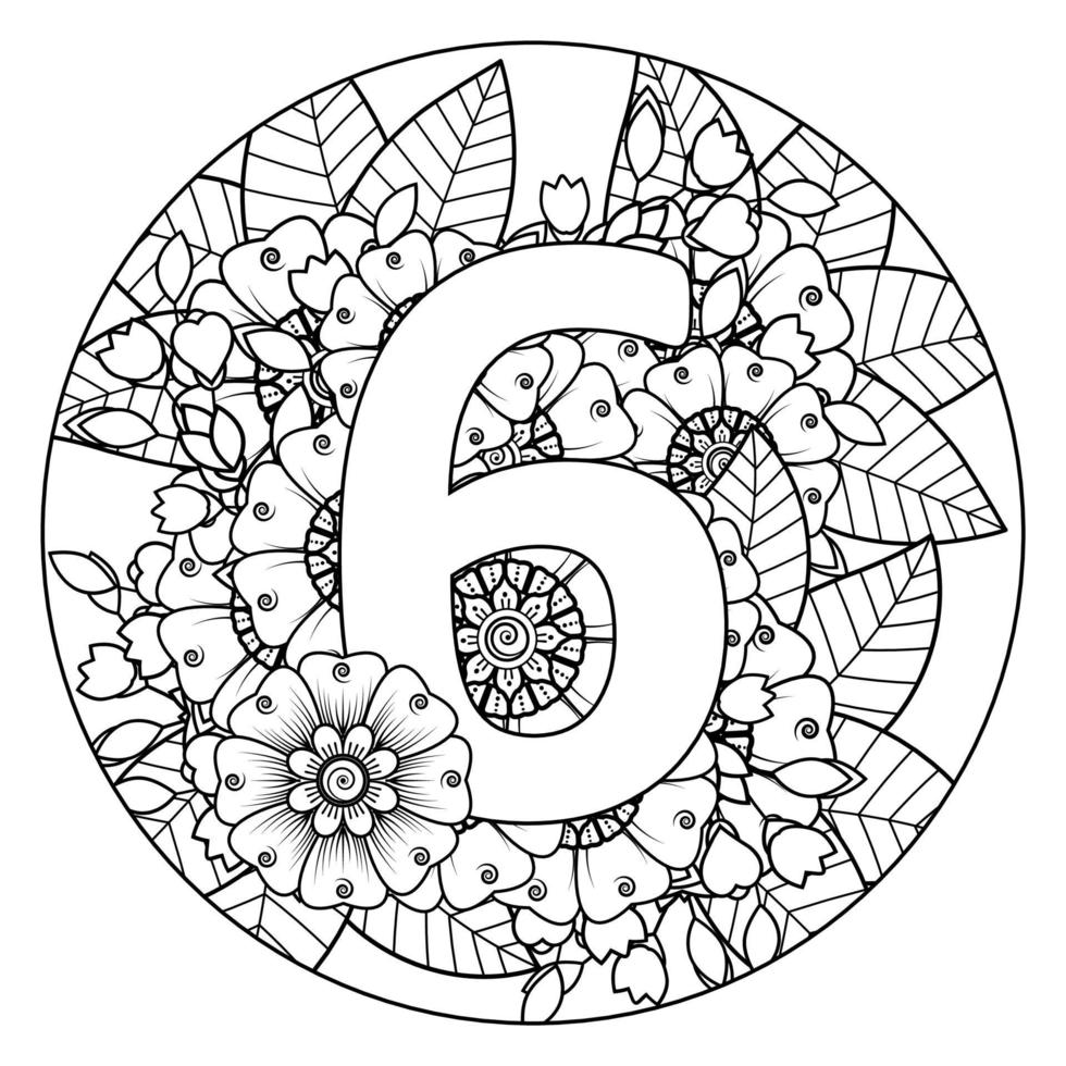 numéro 6 avec fleur de mehndi. ornement décoratif en oriental ethnique. vecteur