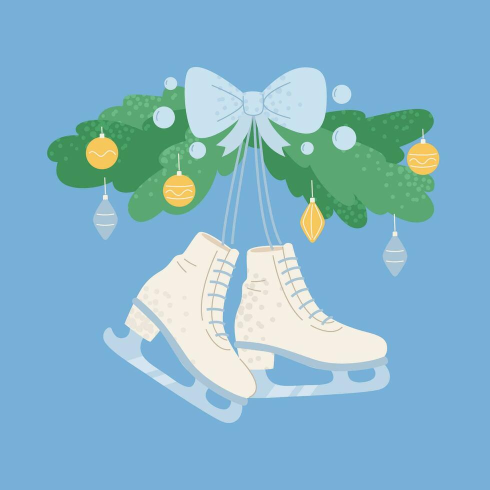 une paire de blanc patins sont pendaison sur le mur avec Nouveau année vacances décorations. vecteur