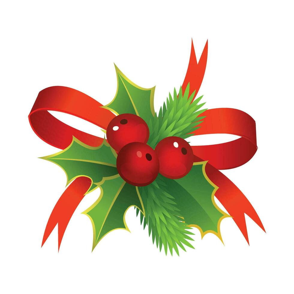 du gui et houx bouquet avec ruban Noël houx feuilles avec rouge arc, hiver décoration Noël ruban vecteur