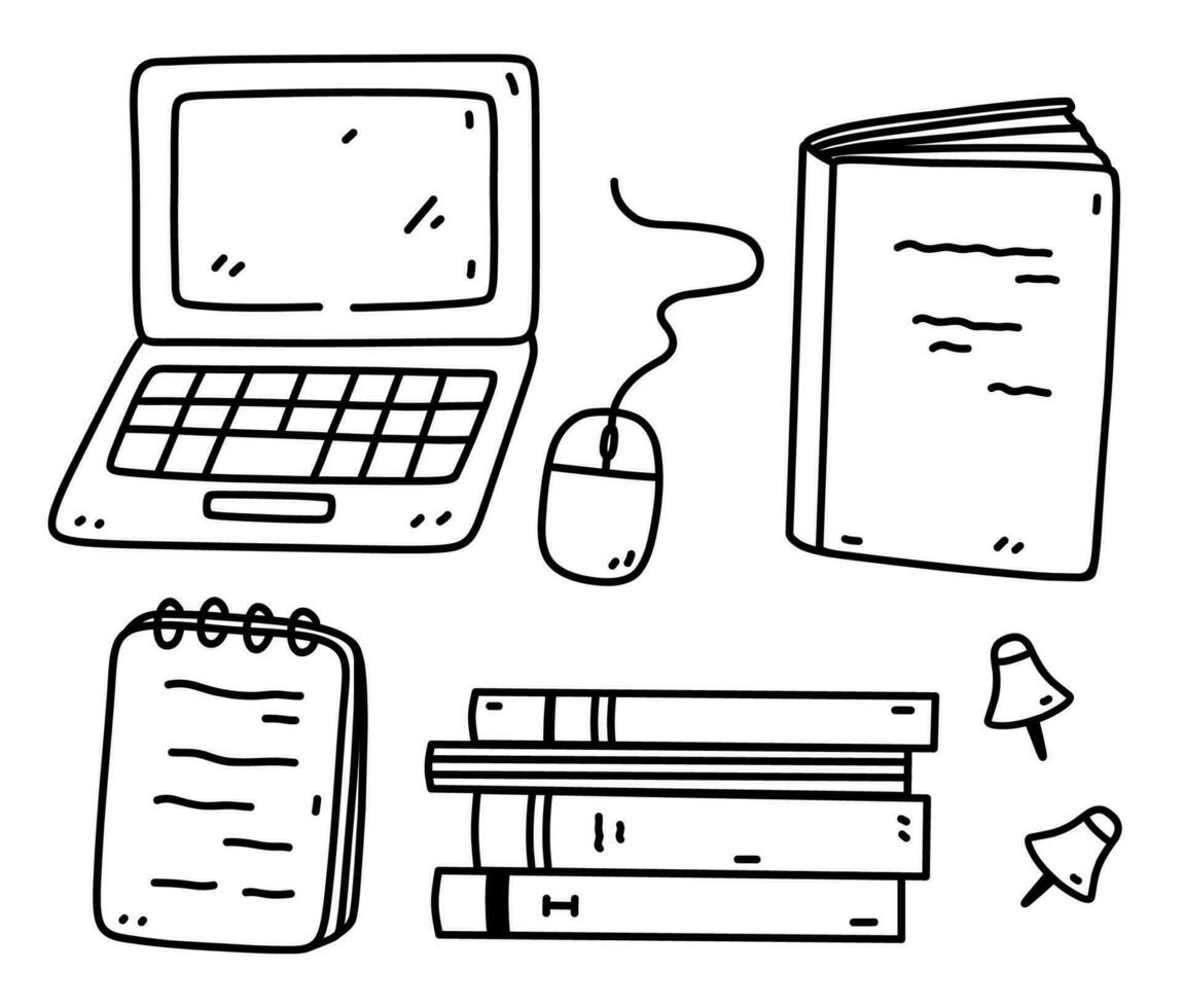 une ensemble de école ou étudiant Provisions - livres et des cahiers, portable avec ordinateur souris, épingles. vecteur dessiné à la main illustration dans griffonnage style. parfait pour logo, décorations, divers conceptions.