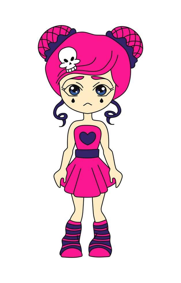 Jeune emo fille anime personnage. y2k style. noir et rose. vecteur plat illustration isolé sur blanc Contexte.