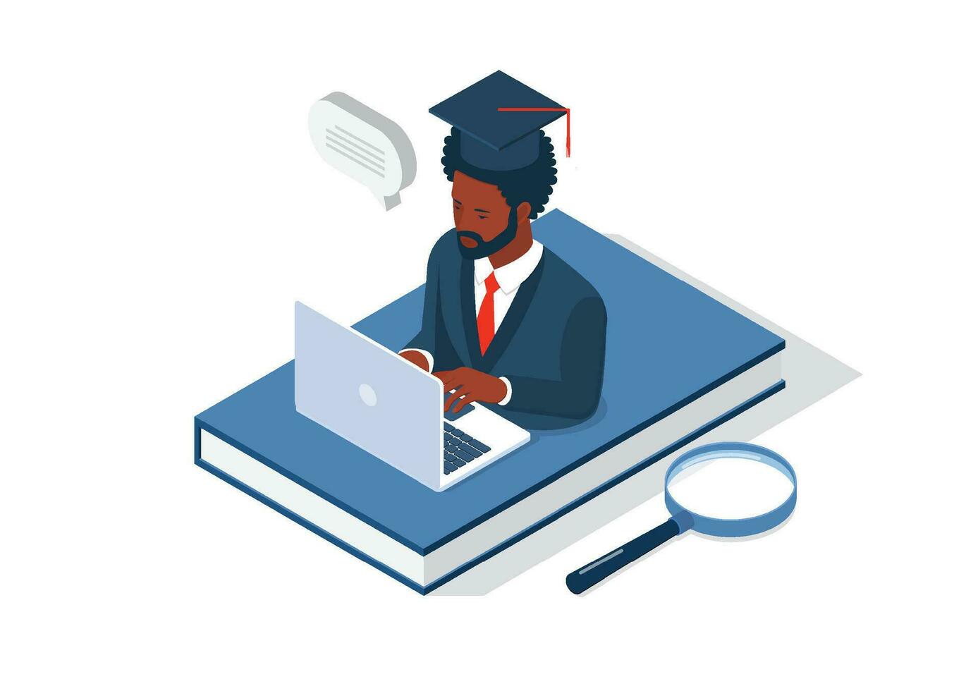 en ligne éducation concept. Jeune Afro-américain homme dans l'obtention du diplôme casquette et robe sur une livre et en utilisant portable. isométrique vecteur illustration.