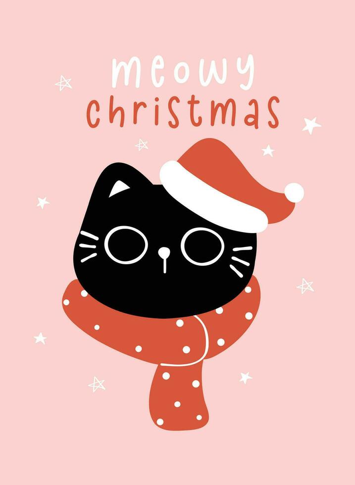 mignonne Noël noir chat avec Père Noël chapeau, miaou Noël, humour salutation carte, marrant et espiègle dessin animé illustration. vecteur