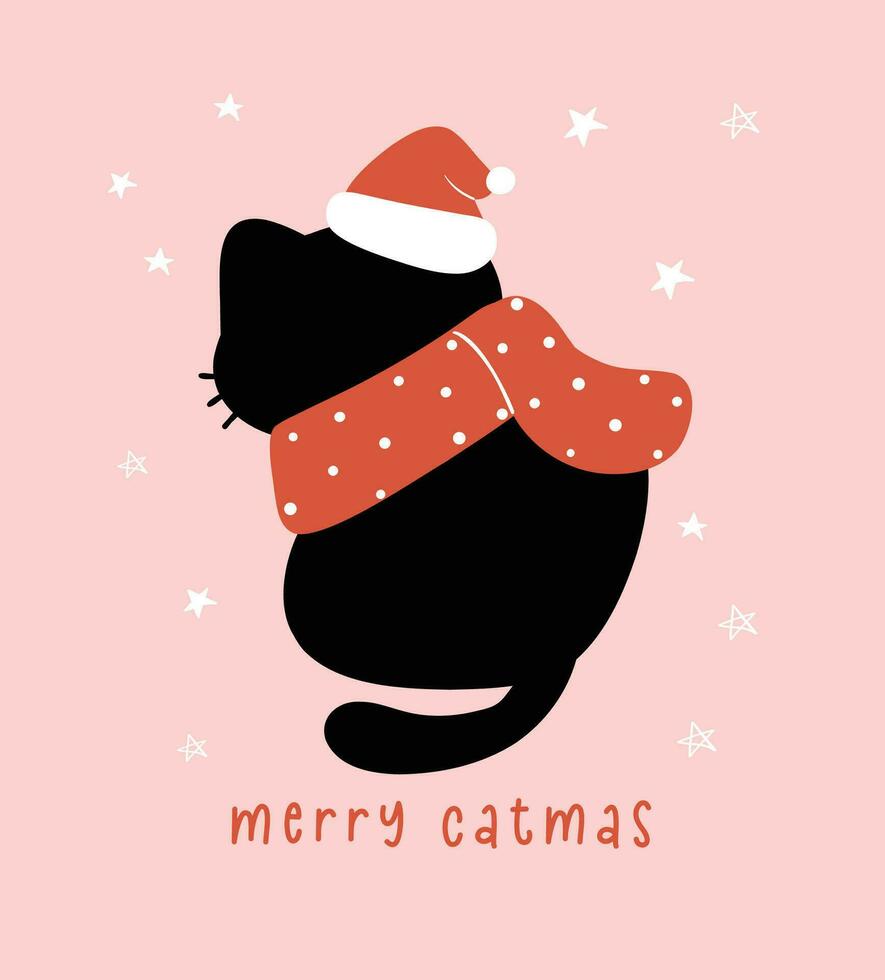 mignonne Noël noir chat, joyeux Noël, humour salutation carte, marrant et espiègle dessin animé illustration. vecteur