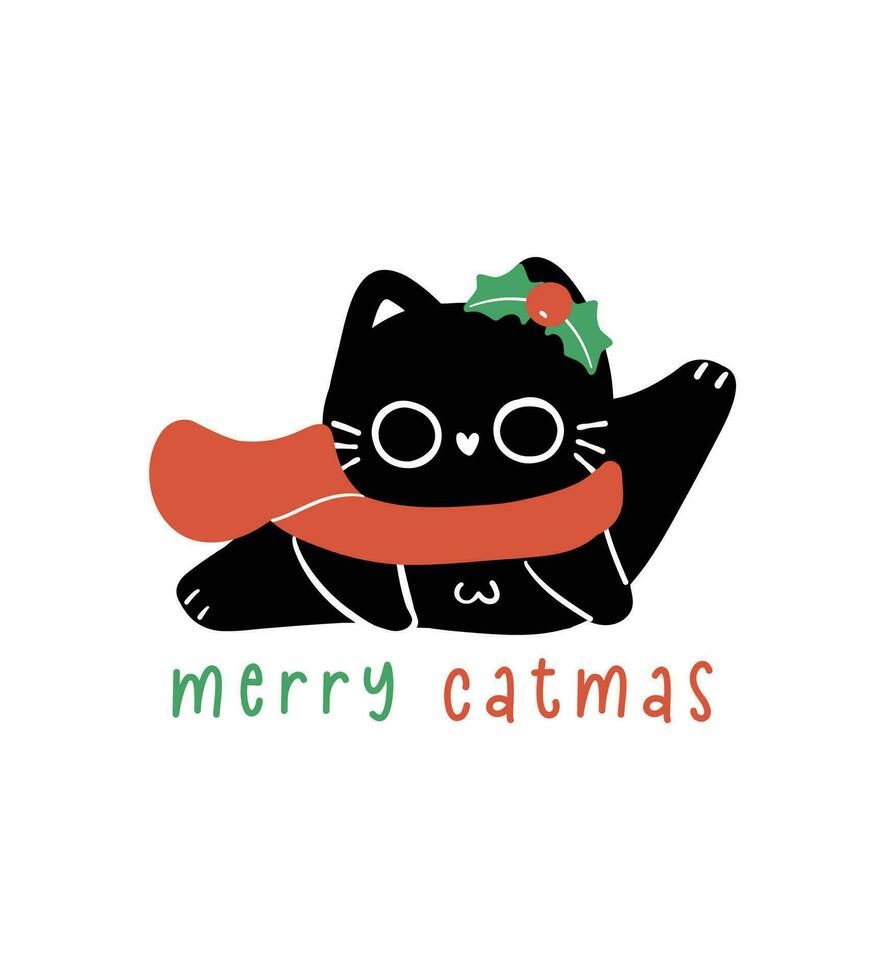 mignonne Noël noir chat, joyeux Noël, humour salutation carte, marrant et espiègle dessin animé illustration. vecteur