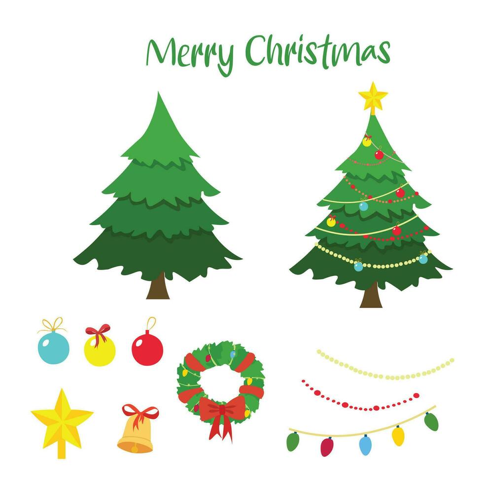 décoré Noël arbre vecteur avec étoile, lumières, décoration balle, les lampes. joyeux Noël et content Nouveau année agrafe art. plat vecteur dans dessin animé style isolé sur blanc Contexte.