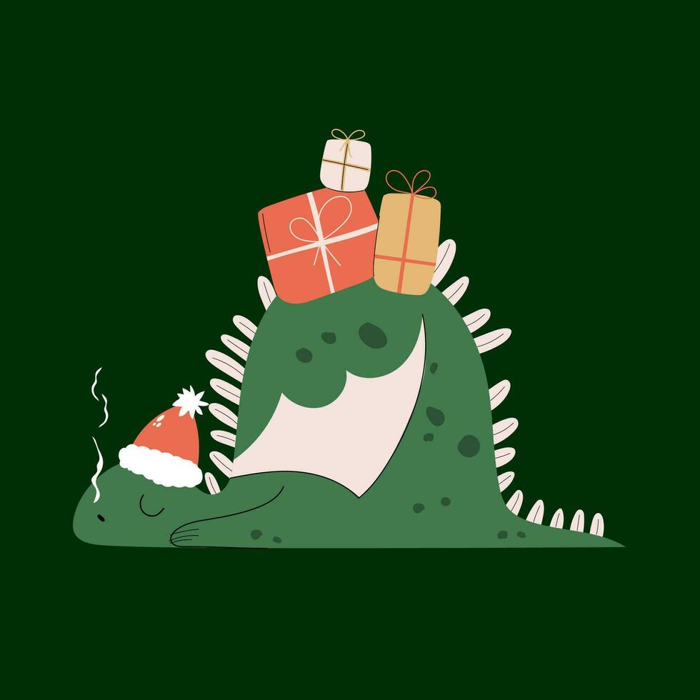 main tiré en train de dormir dragon avec cadeau des boites sur le sien dos. mignonne dino portant Père Noël chapeau. vecteur conception dans dessin animé style.