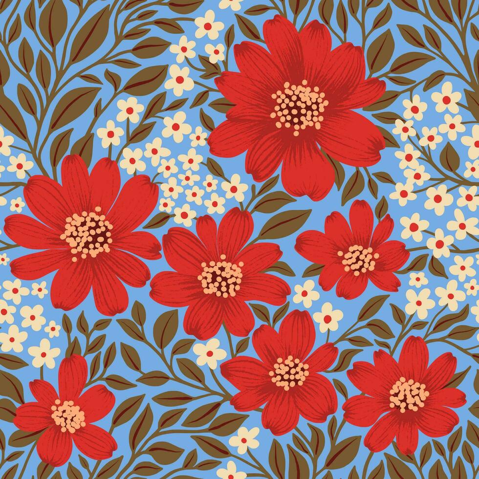 floral sans couture modèle de rouge et blanc fleurs, kaki vert feuilles sur lumière bleu toile de fond, fond d'écran conception pour textile, papiers, impressions, mode arrière-plans, beauté des produits vecteur