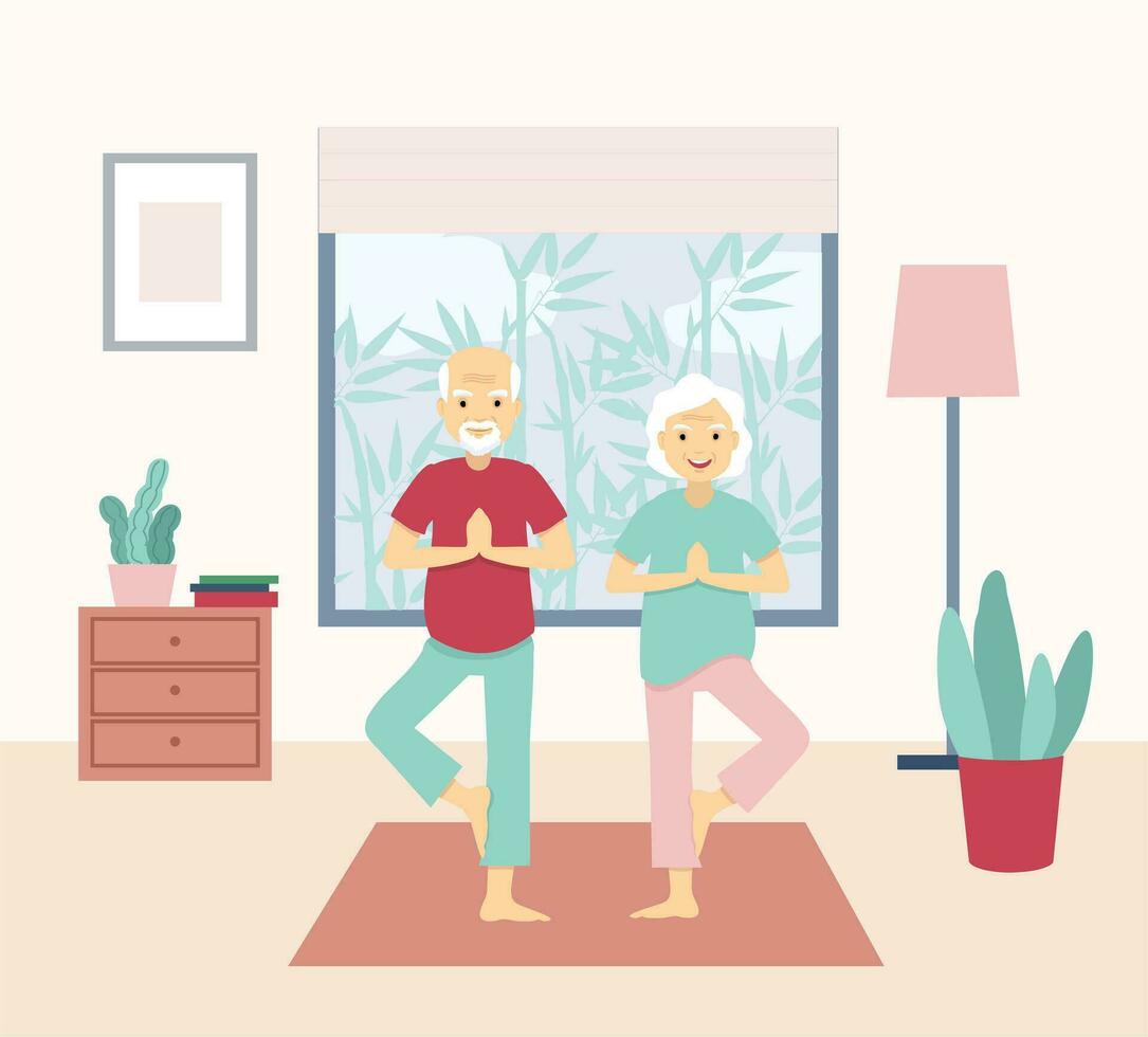 Sénior adulte couple Faire yoga à maison. couple vieux gens activité. pratiquant méditation, faire de l'exercice, en gardant actif en bonne santé mode de vie. vecteur
