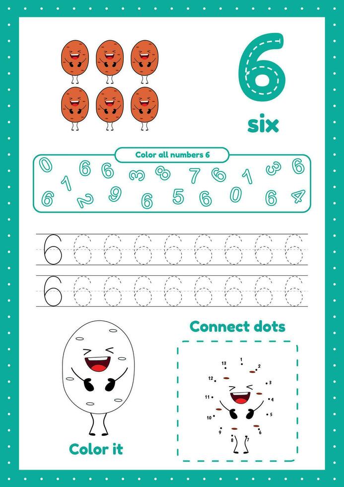 beaucoup Jeux sur un page pour préscolaire enfants. Couleur page, point à point, trace. apprentissage nombre 6 vecteur