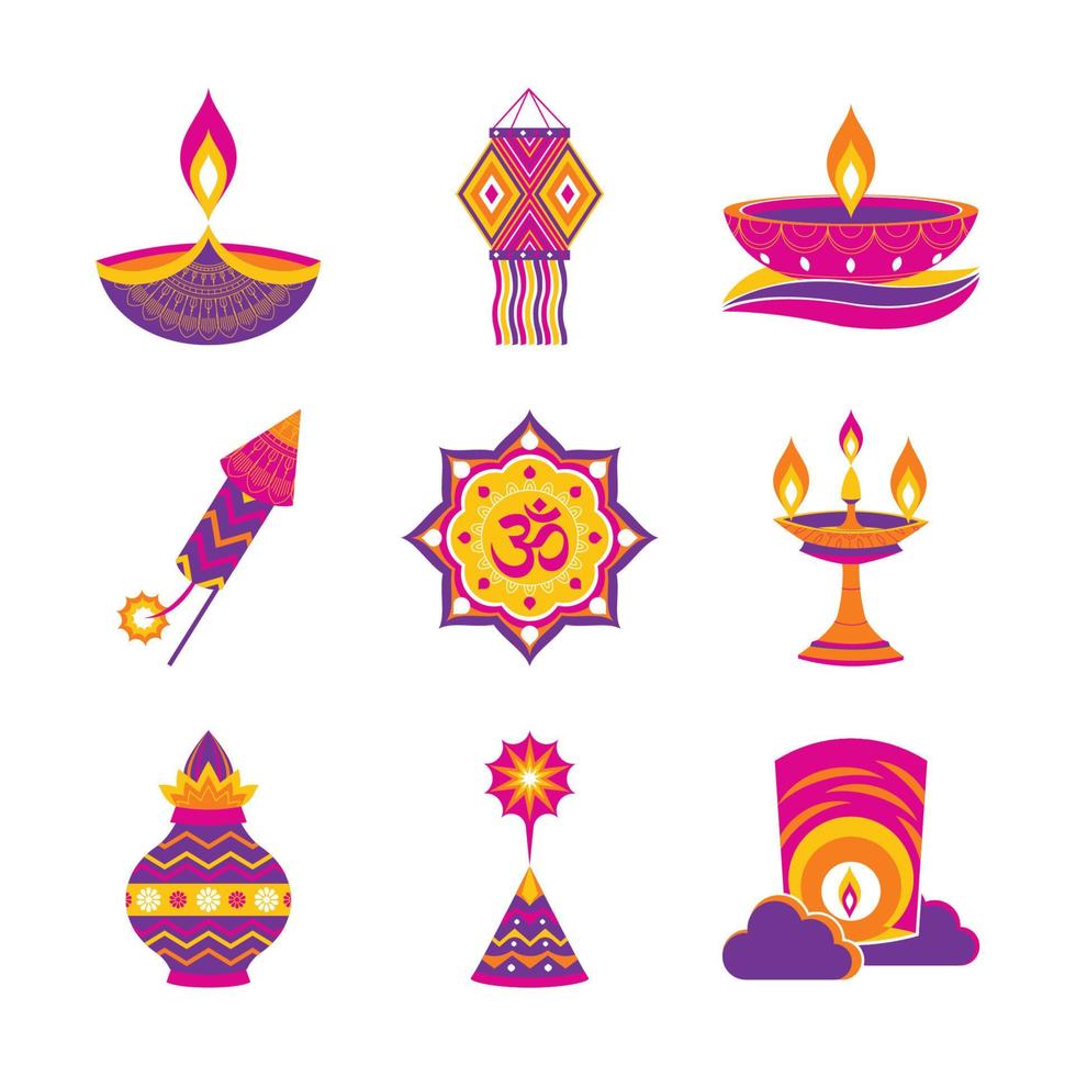 pack d'icônes festival des lumières de diwali vecteur