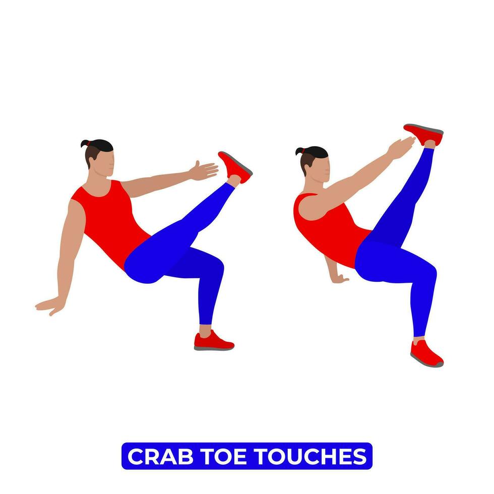 vecteur homme Faire Crabe doigt de pied touche. poids aptitude cardio faire des exercices exercer. un éducatif illustration sur une blanc Contexte.